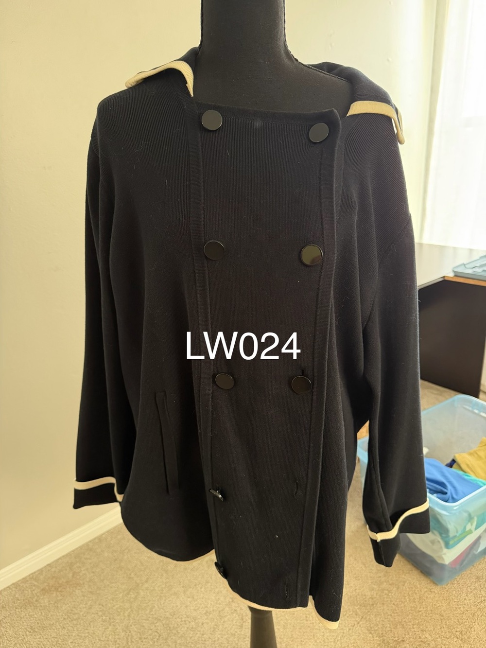 Jones New York Black Double-Breasted Pea Coat with Cream Trim